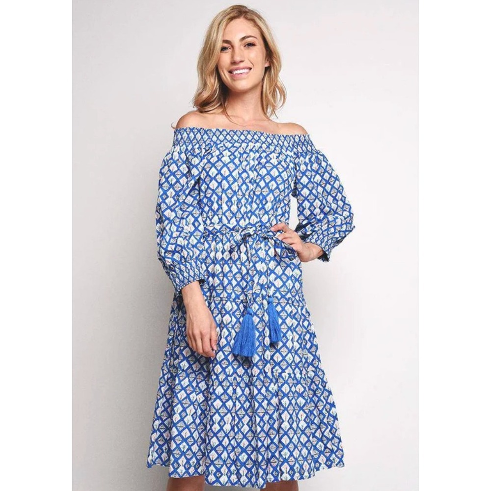 Roller Rabbit Women's Monastir‎ Braga Off Shoulder Smocked Midi Dress Size S